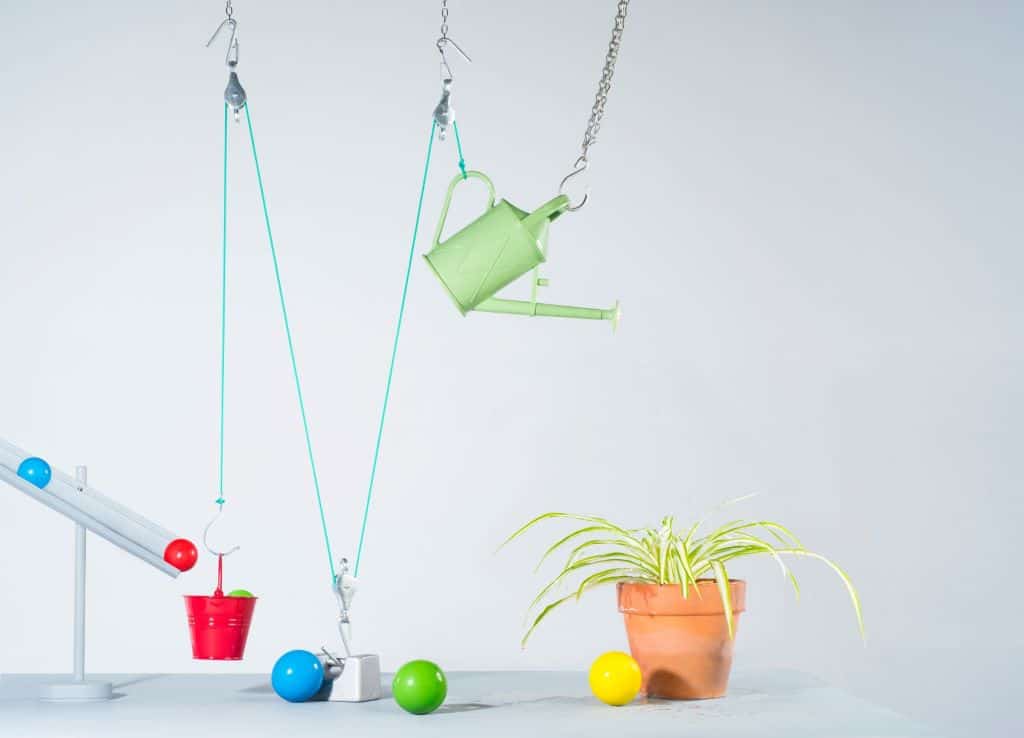 Colorful balls, pulley system, watering can, and potted plant on white background