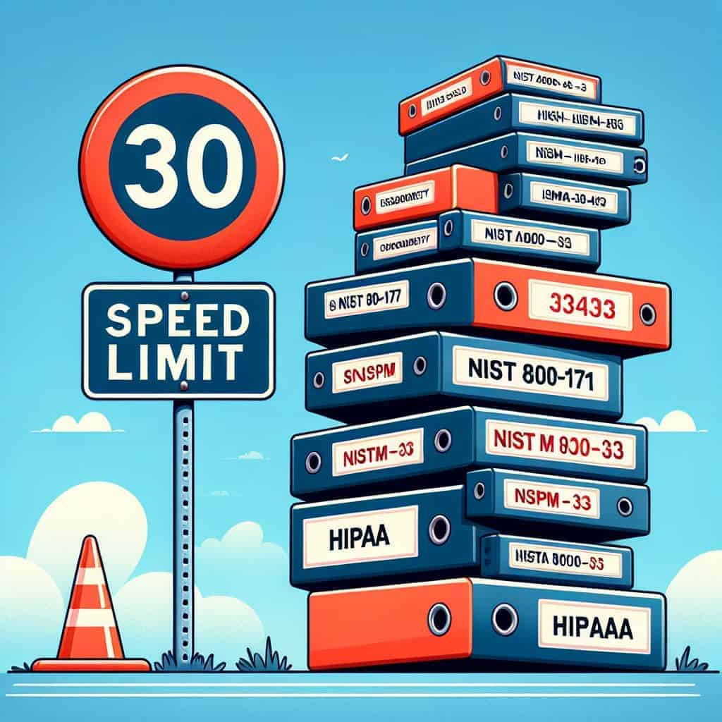 Speed limit sign with stacked binders representing regulatory compliance documents