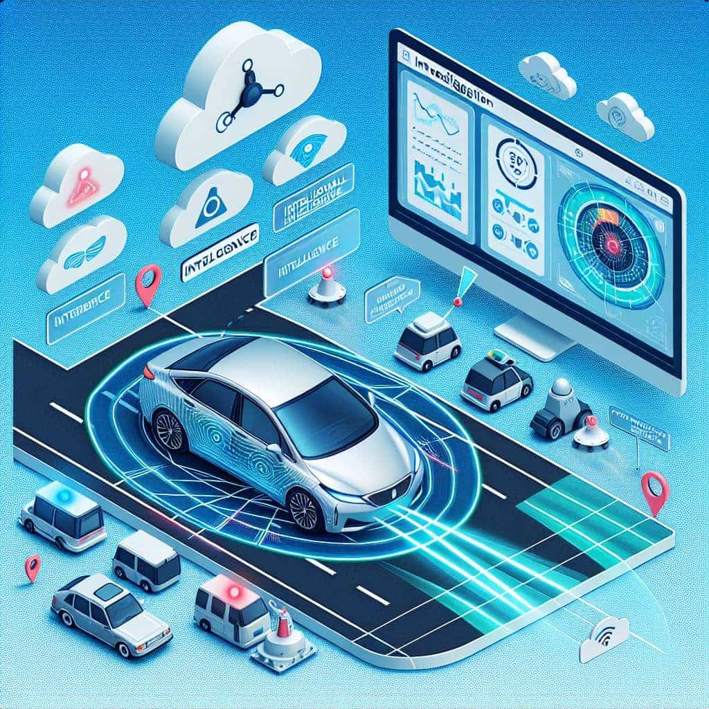 Futuristic autonomous vehicle with data visualization and connected technology
