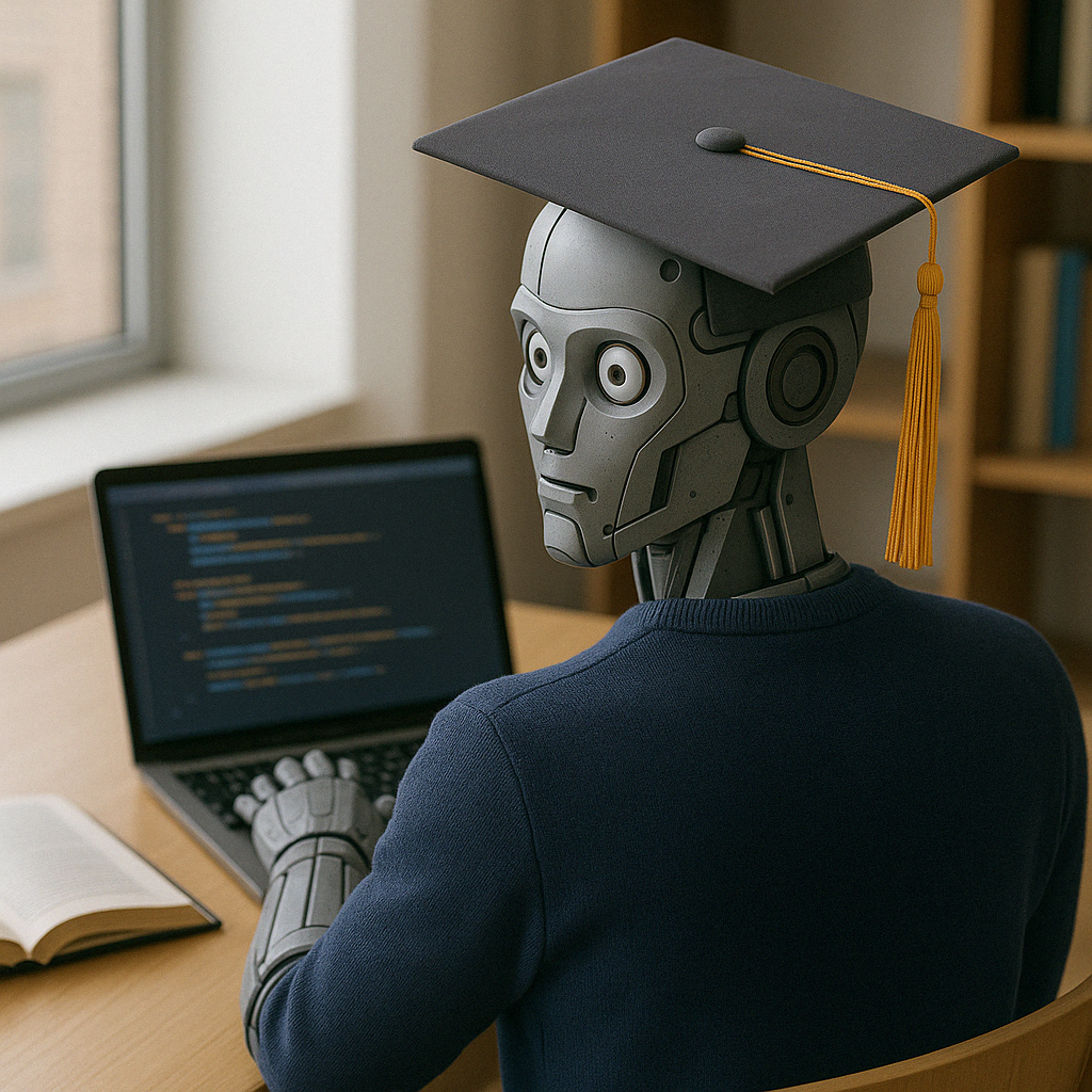 Robot with graduation cap studying at laptop, symbolizing AI education