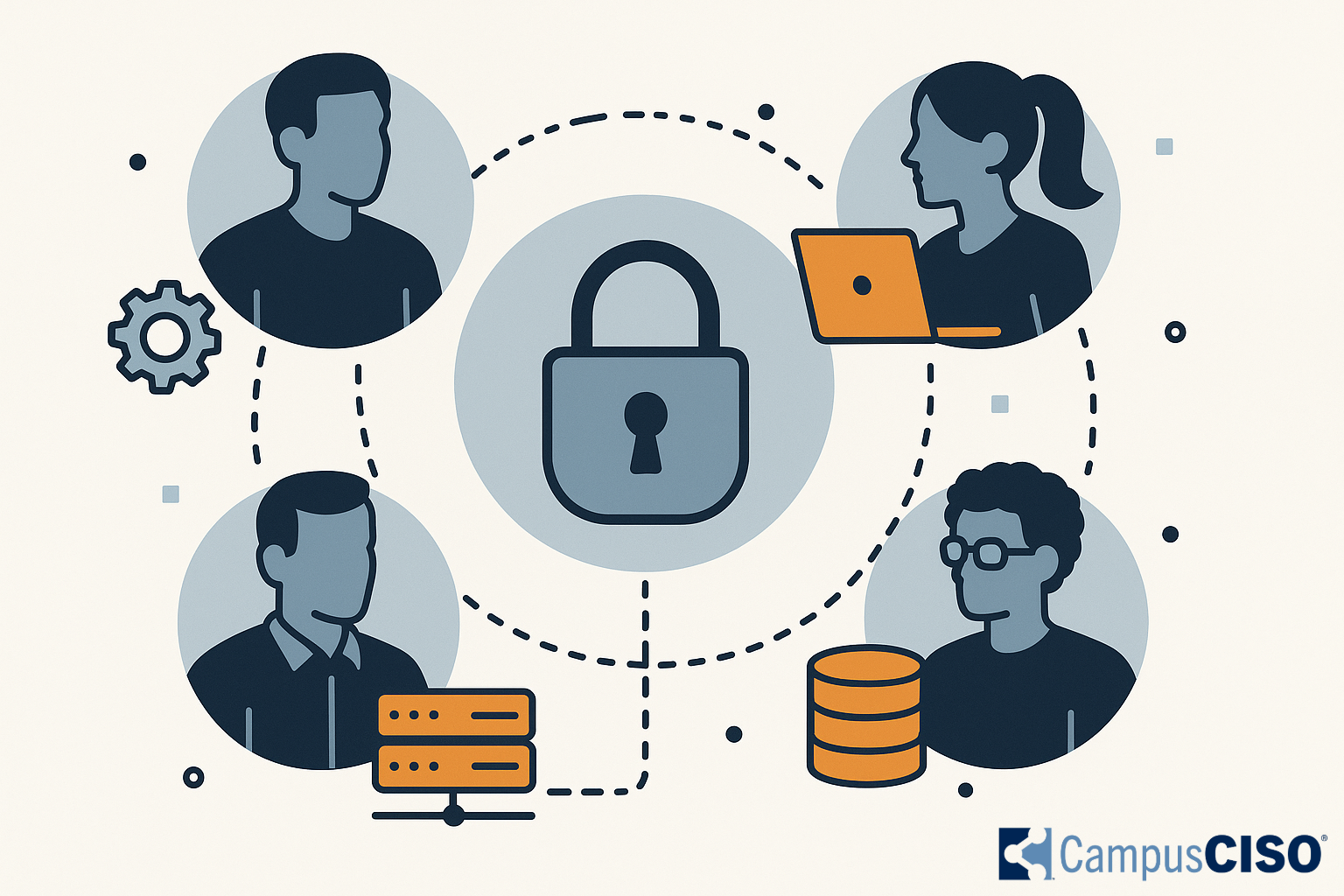 Image of people representing different IT specialties surrounding a lock representing cybersecurity