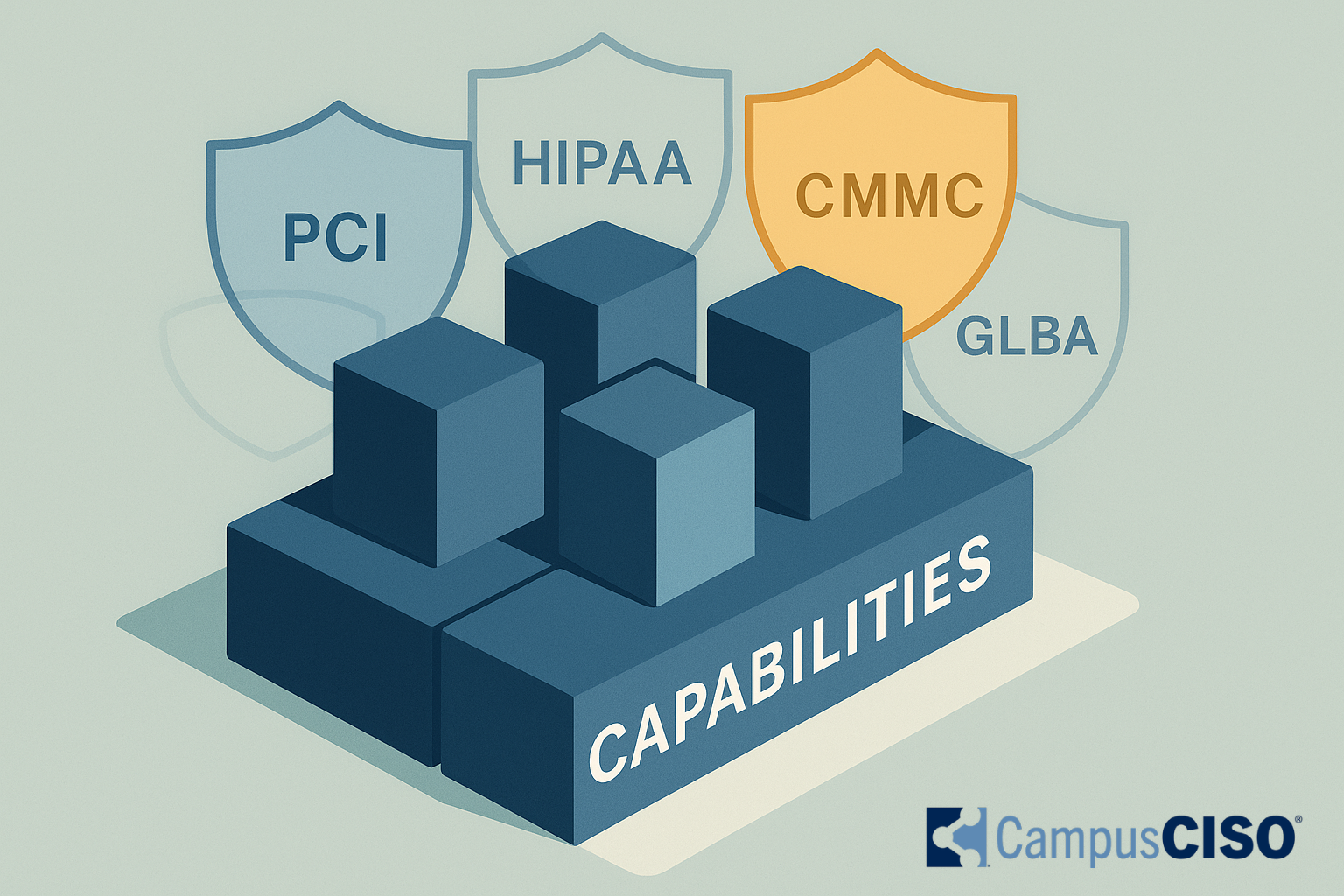Compliance shields surrounding building blocks representing capabilities of data security and privacy
