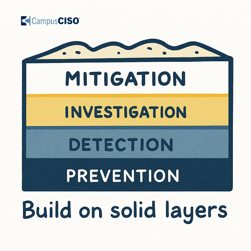 Layered cybersecurity strategy from prevention to mitigation with solid foundation