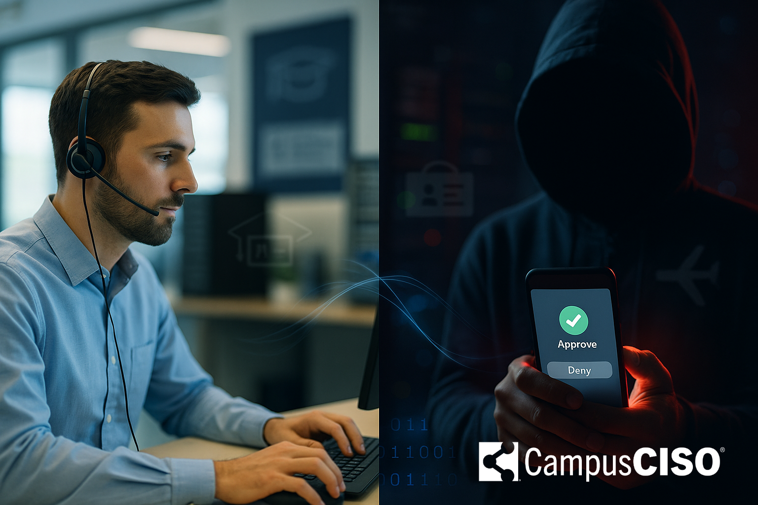 Split screen showing help desk analyst and attacker bypassing MFA