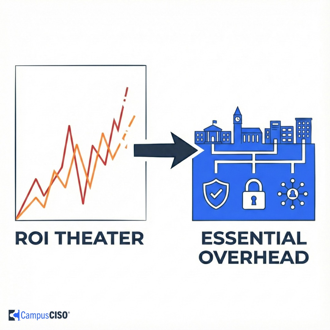 Image showing college campus, with abstract technology and information security infrastructure concepts shown supporting the buildings