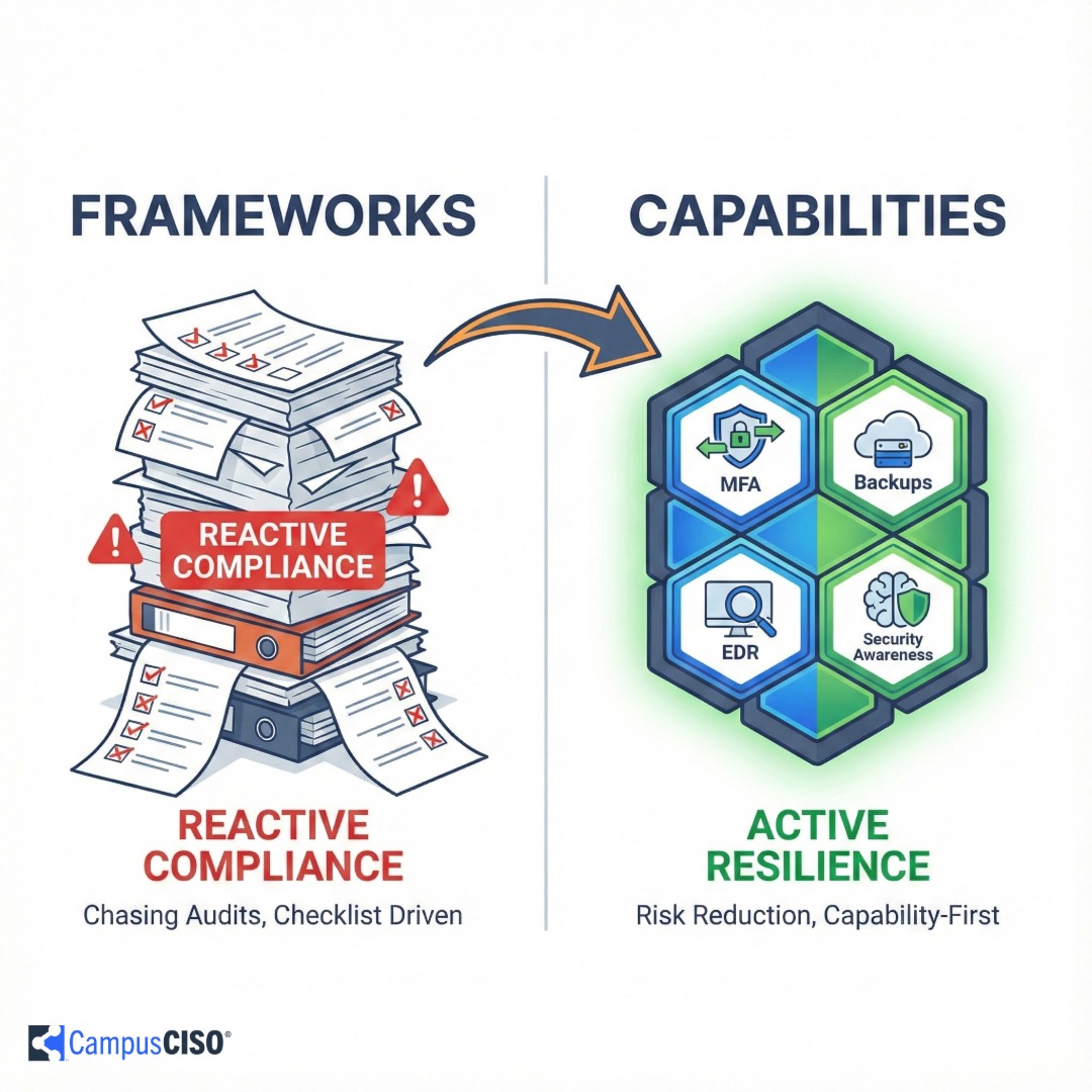 Executive sitting at a desk with a laptop. Shield with a log icon hovering over the image.