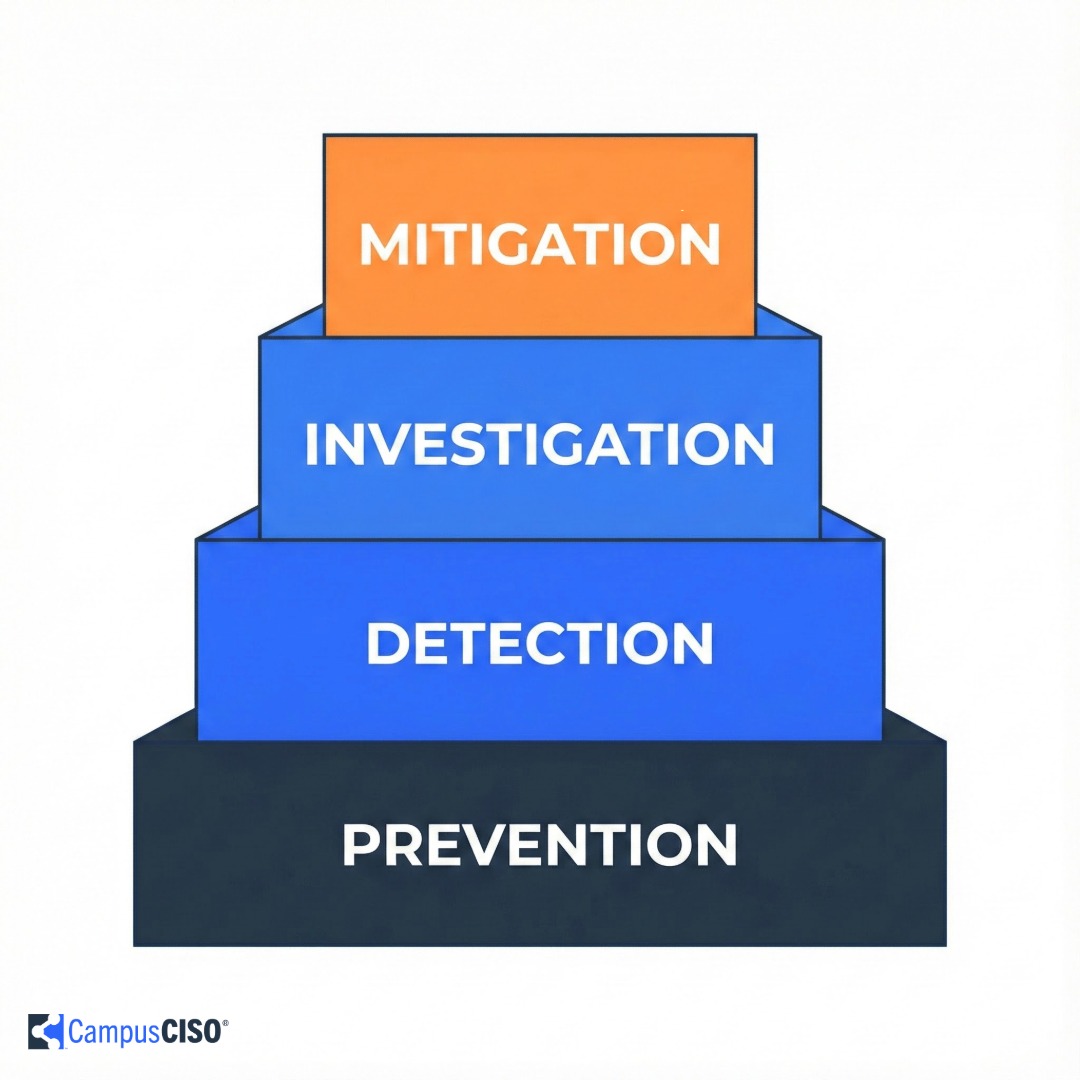 Layered cybersecurity strategy from prevention to mitigation with solid foundation