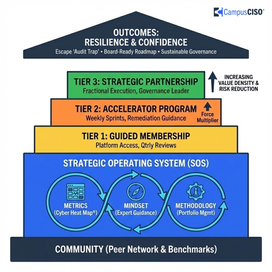 Inforaphic showing triangle with CampusCISO coaching at the top, supporting by Cyber Heat Map planning tools and Cyber Bridge community