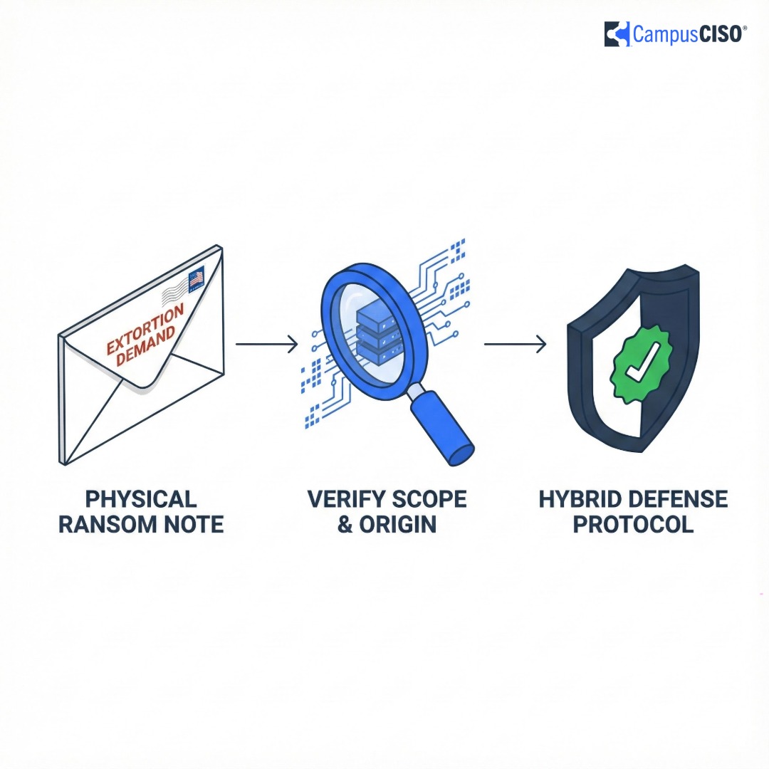 White envelope with red text "Extortion Demand" and US flag stamp