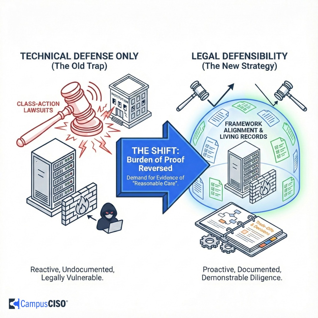 An infographic diagram comparing outdated vs. modern cybersecurity strategies. The left side, 'TECHNICAL DEFENSE ONLY (The Old Trap),' shows a red gavel labeled 'CLASS-ACTION LAWSUITS' striking an institution despite a firewall. A central blue arrow labeled 'THE SHIFT: Burden of Proof Reversed' points to the right side, 'LEGAL DEFENSIBILITY (The New Strategy).' The right side depicts infrastructure protected by a glowing dome of documentation labeled 'FRAMEWORK ALIGNMENT & LIVING RECORDS,' deflecting legal threats.