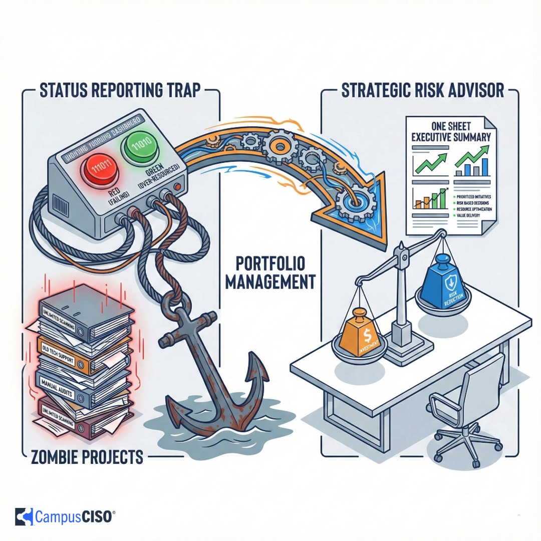 A vector diagram illustrating the transition from a "Status Reporting Trap" to a "Strategic Risk Advisor." On the left, a console with blinking red and green lights is connected to a heavy, sinking anchor and overflowing binders labeled "Zombie Projects." An arrow labeled "Portfolio Management" points to the right, where a balanced scale shows a small weight labeled "Investment" outweighed by a large weight labeled "Risk Reduction," next to a "One Sheet Executive Summary" document with upward-trending charts.