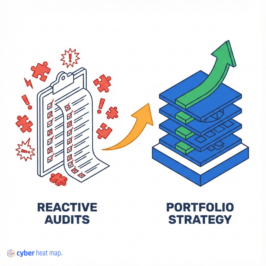 Split frame with audit tasks on the left, and a prioritized "top 5" roadmap list on the right