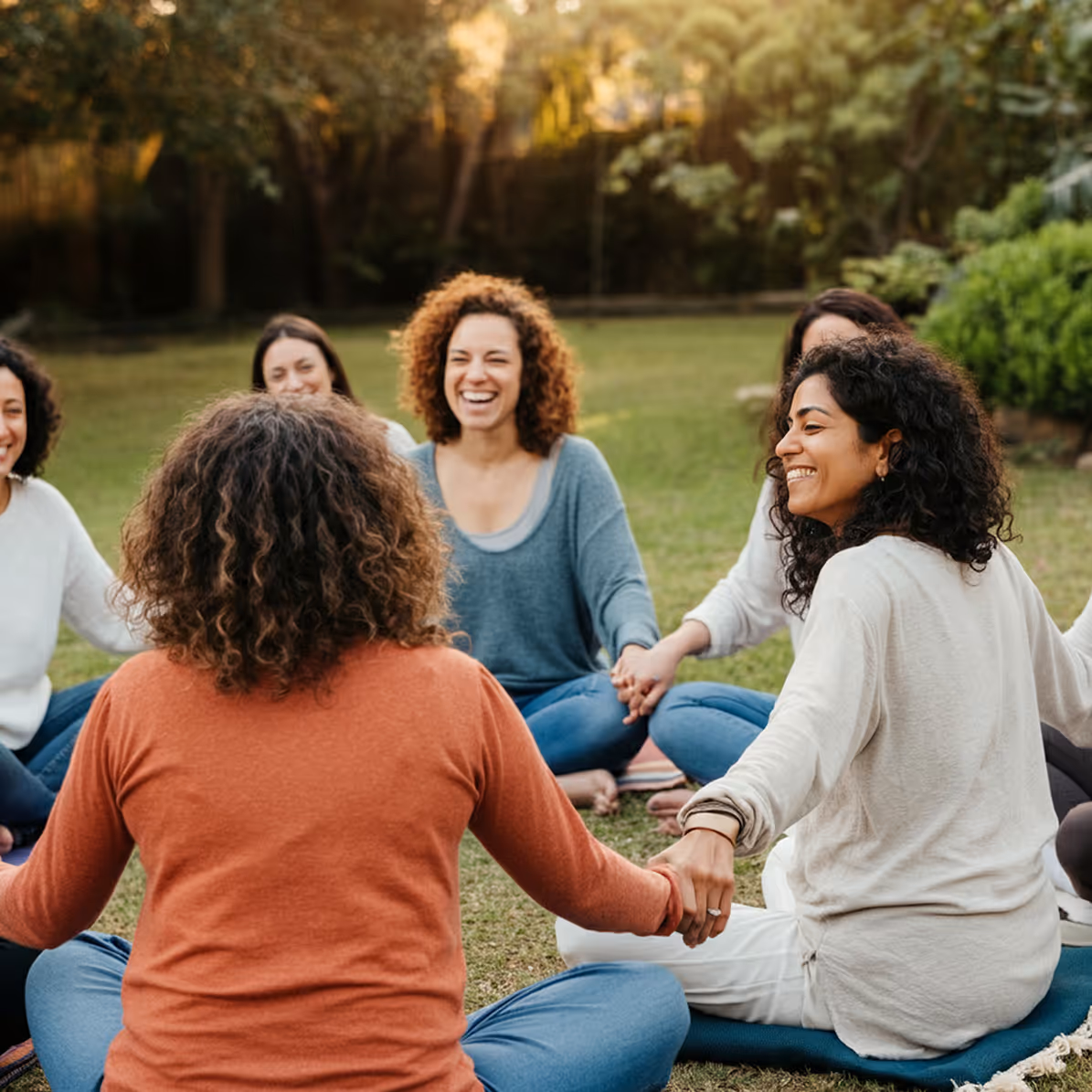 A group of women of all different backgrounds out in nature, all holding hands while sitting on the ground in a circle