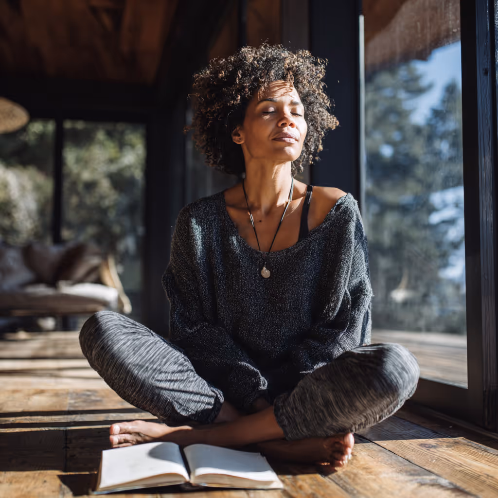 A woman of color sitting cross-legged in a room with big open windows meditating. The woman has a journal in front of her and nature all around her