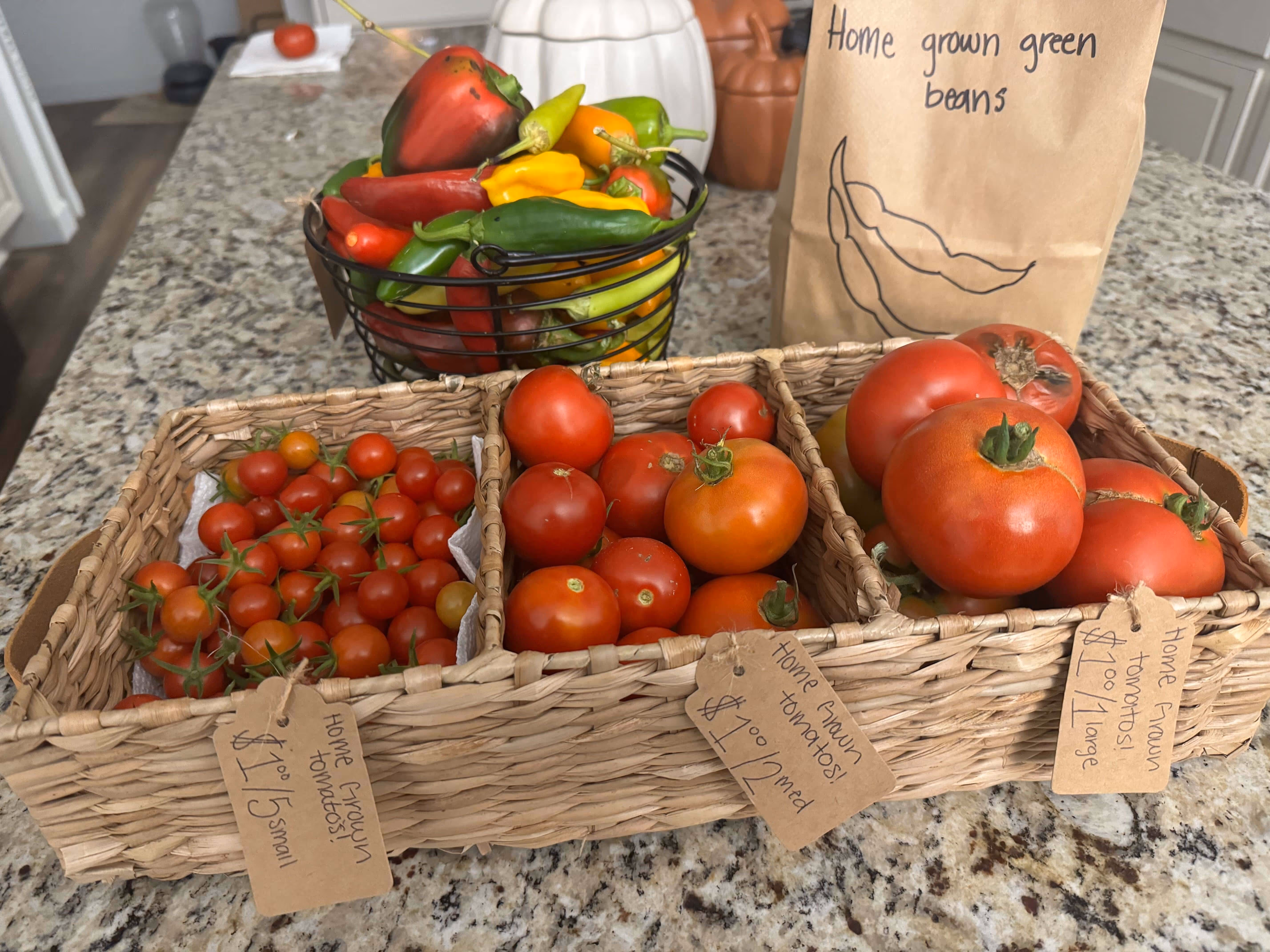Three wicker baskets on a granite countertop with home grown tomatoes labeled small, medium, and large, and a wire basket of multicolored peppers behind them beside a paper bag labeled home grown green beans.
