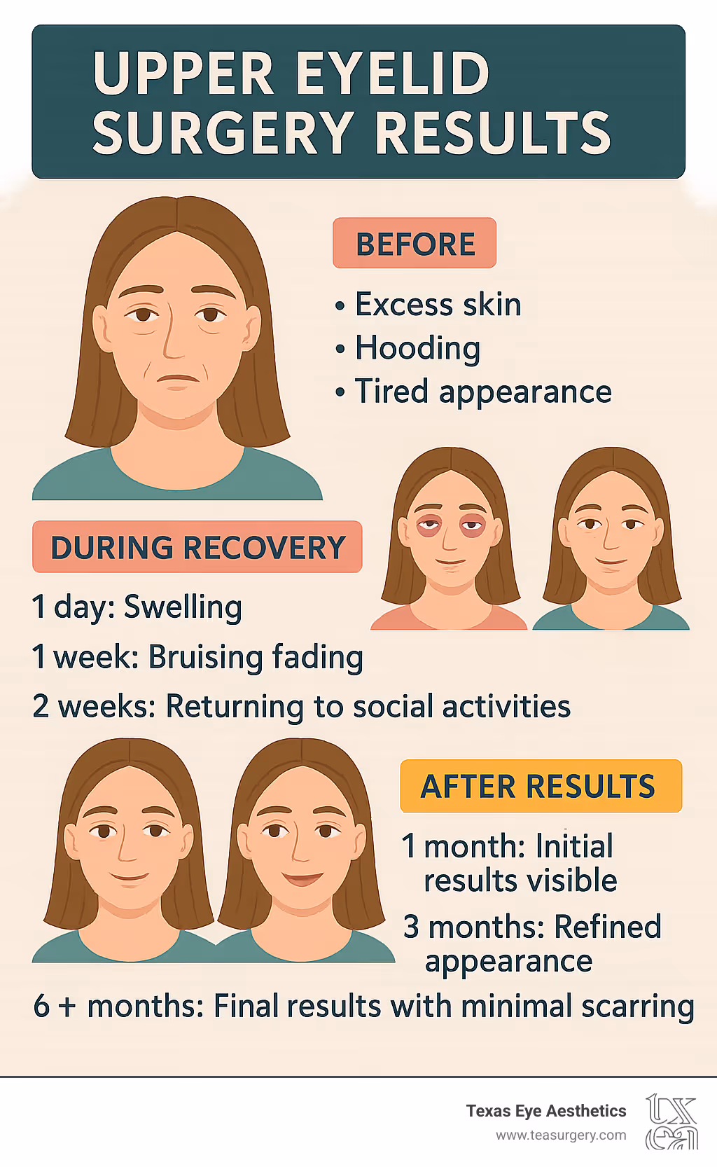 Detailed comparison of upper eyelid surgery results showing: Before (excess skin, hooding, tired appearance), During Recovery (1 day: swelling, 1 week: bruising fading, 2 weeks: returning to social activities), and After Results (1 month: initial results visible, 3 months: refined appearance, 6+ months: final results with minimal scarring) - before and after pictures of upper eyelid surgery infographic 