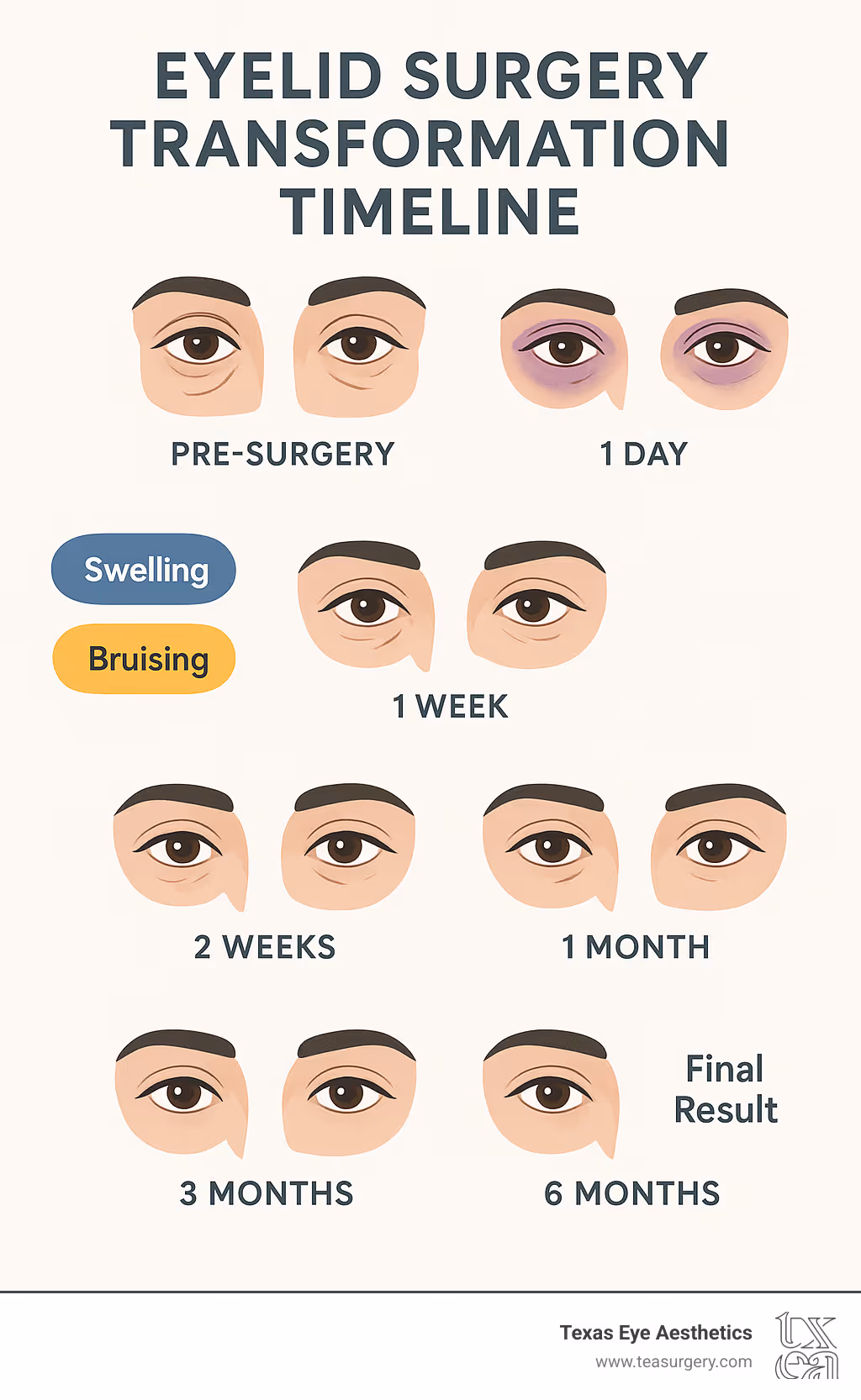 Eyelid Surgery Change Timeline showing the progression from pre-surgery through 1 day, 1 week, 2 weeks, 1 month, 3 months, and 6 months post-surgery with visual indicators of swelling reduction, bruise resolution, and final result appearance - before and after upper and lower eyelid surgery infographic 