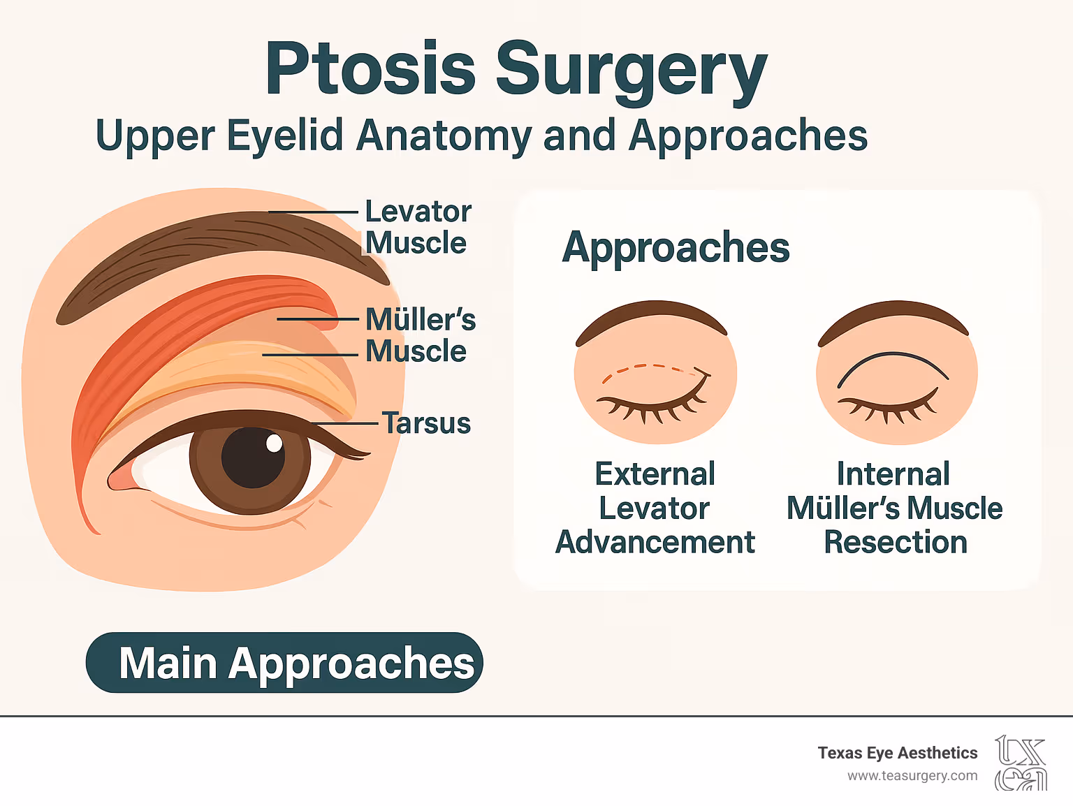 Detailed infographic showing the anatomy of the upper eyelid with labeled parts including the levator muscle, Müller's muscle, and tarsus, alongside the three main surgical approaches: external levator advancement, internal Müller's muscle resection, and frontalis sling technique - ptosis surgery infographic 