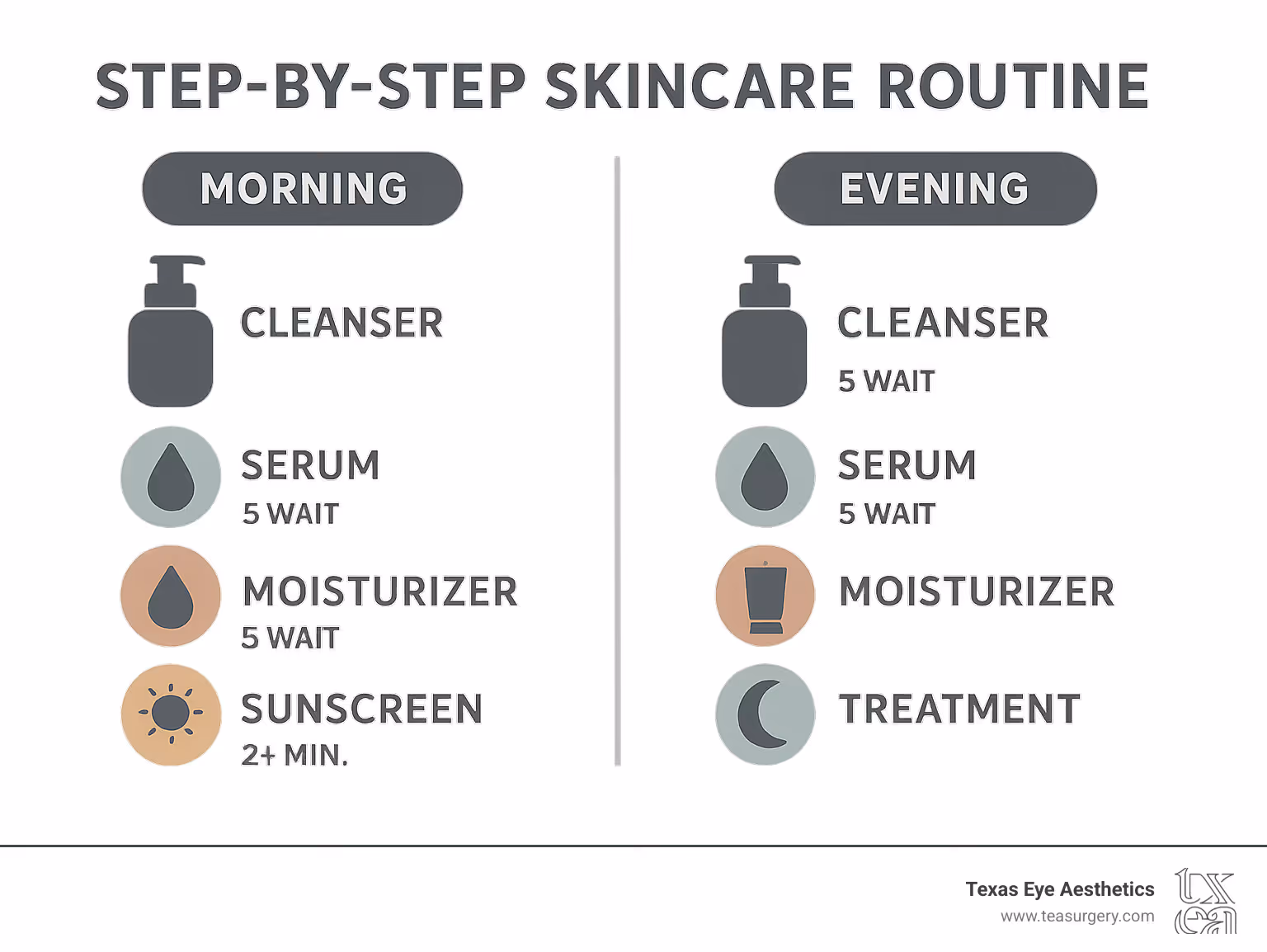 Infographic showing step-by-step skincare routine with morning and evening sequences, product layering order, and timing recommendations - medical grade skin care lines infographic
