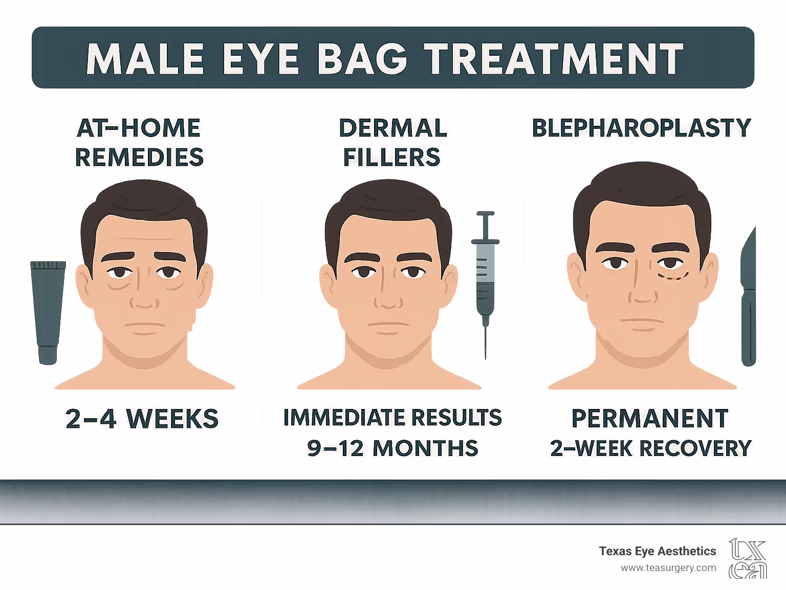 Comprehensive infographic showing male eye bag treatment timeline from at-home remedies taking 2-4 weeks, professional dermal fillers providing immediate results lasting 9-12 months, to surgical blepharoplasty offering permanent correction with 2-week recovery period - male eye bag treatment infographic 