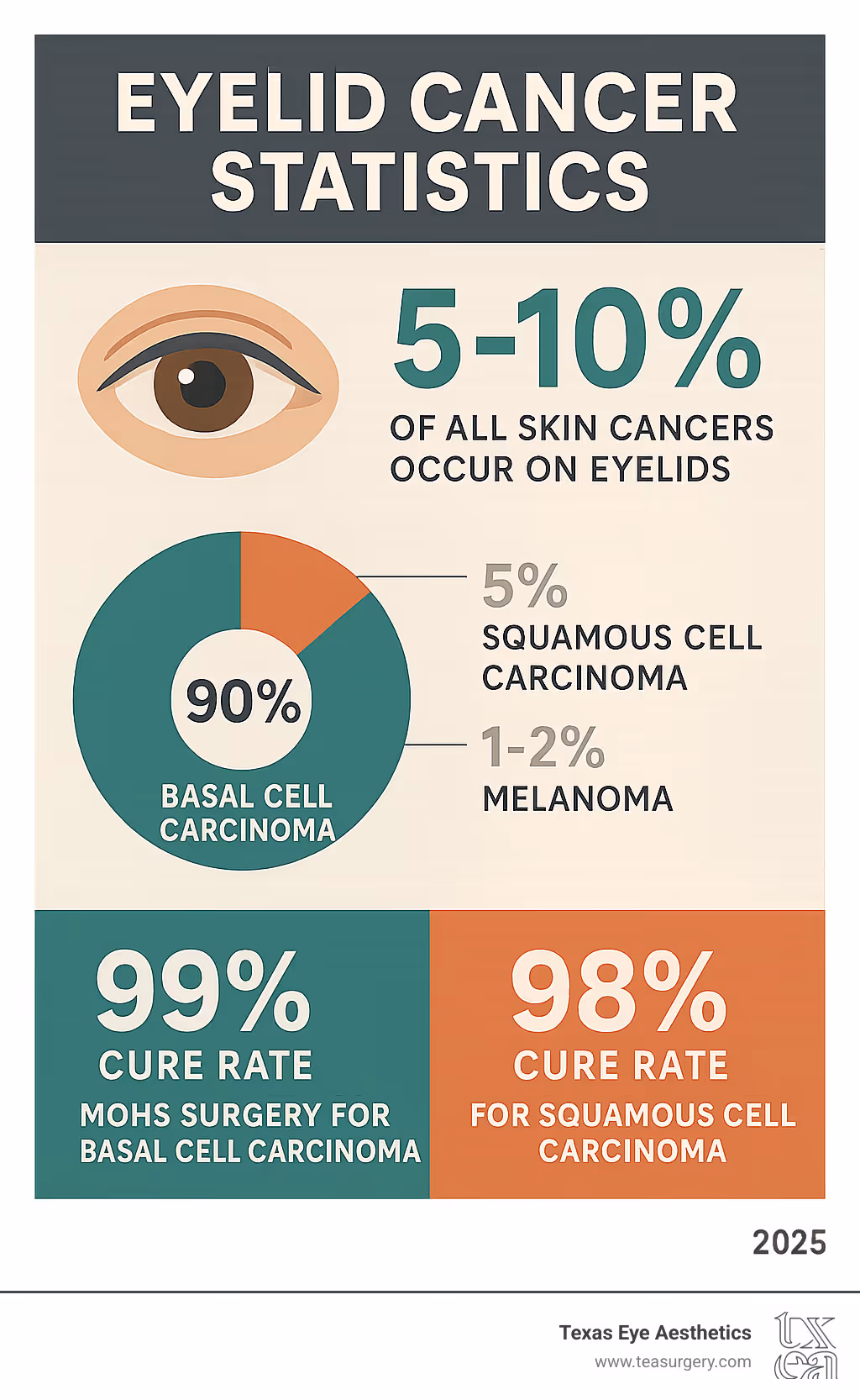 Comprehensive infographic showing eyelid cancer statistics: 5-10% of all skin cancers occur on eyelids, 90% are basal cell carcinoma, 5% squamous cell carcinoma, 1-2% melanoma, with treatment success rates of 99% cure rate for Mohs surgery on basal cell carcinoma and 98% for squamous cell carcinoma - eyelid skin cancer surgery infographic