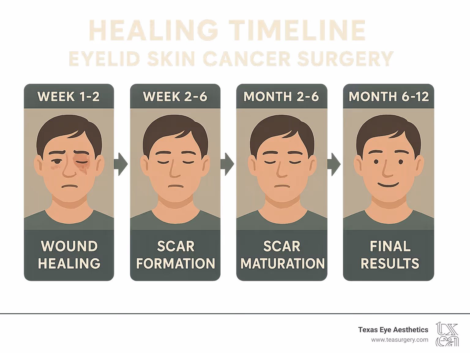 Infographic showing healing timeline: Week 1-2 wound healing, Week 2-6 scar formation, Month 2-6 scar maturation, Month 6-12 final results - eyelid skin cancer surgery infographic