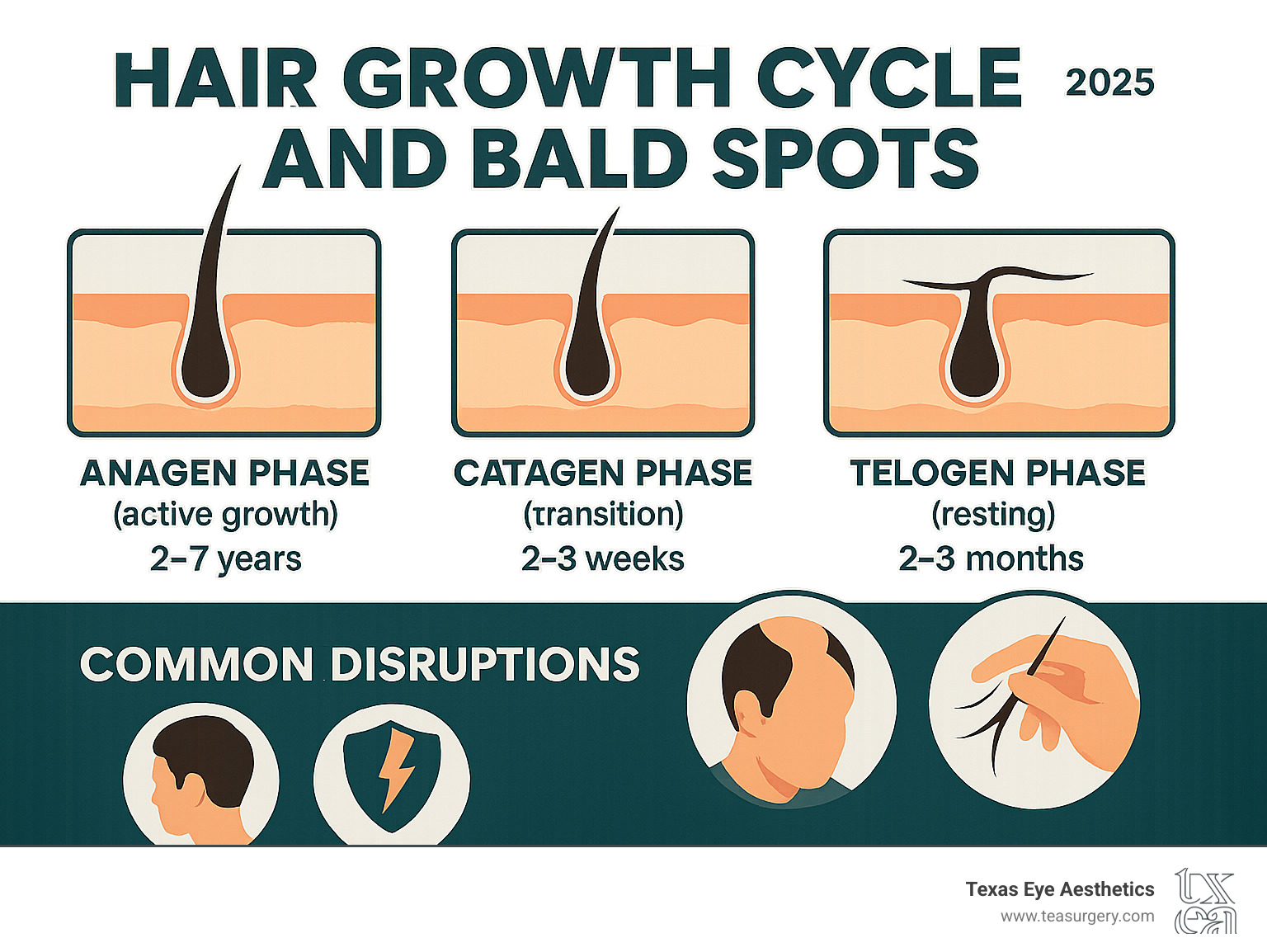 Detailed infographic showing the three phases of hair growth cycle: Anagen phase (active growth lasting 2-7 years), Catagen phase (transition lasting 2-3 weeks), and Telogen phase (resting lasting 2-3 months), with visual representation of hair follicles in each stage and common disruptions that can lead to bald spots - bald spot infographic 