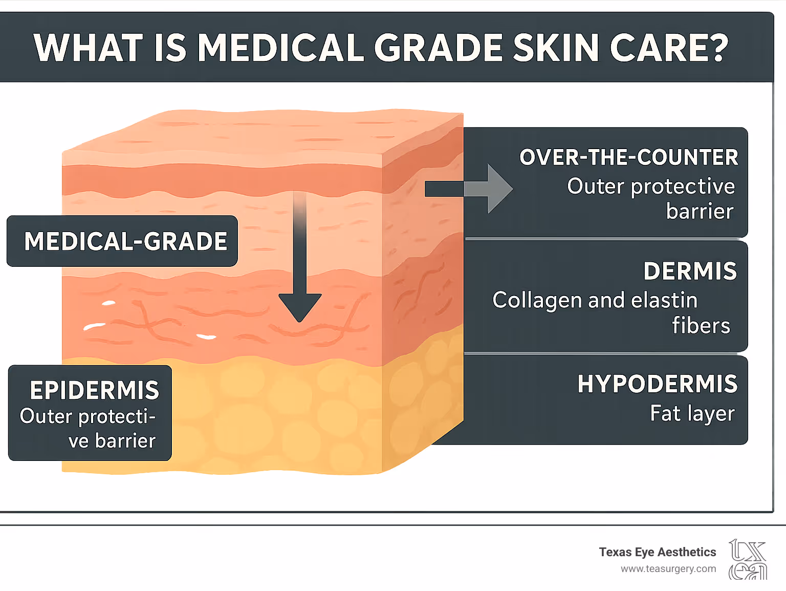 Infographic showing the three layers of skin - epidermis (outer protective barrier), dermis (contains collagen and elastin fibers), and hypodermis (fat layer) - with arrows indicating how medical-grade products penetrate deeper than over-the-counter products which only affect the surface epidermis - what is medical grade skin care infographic