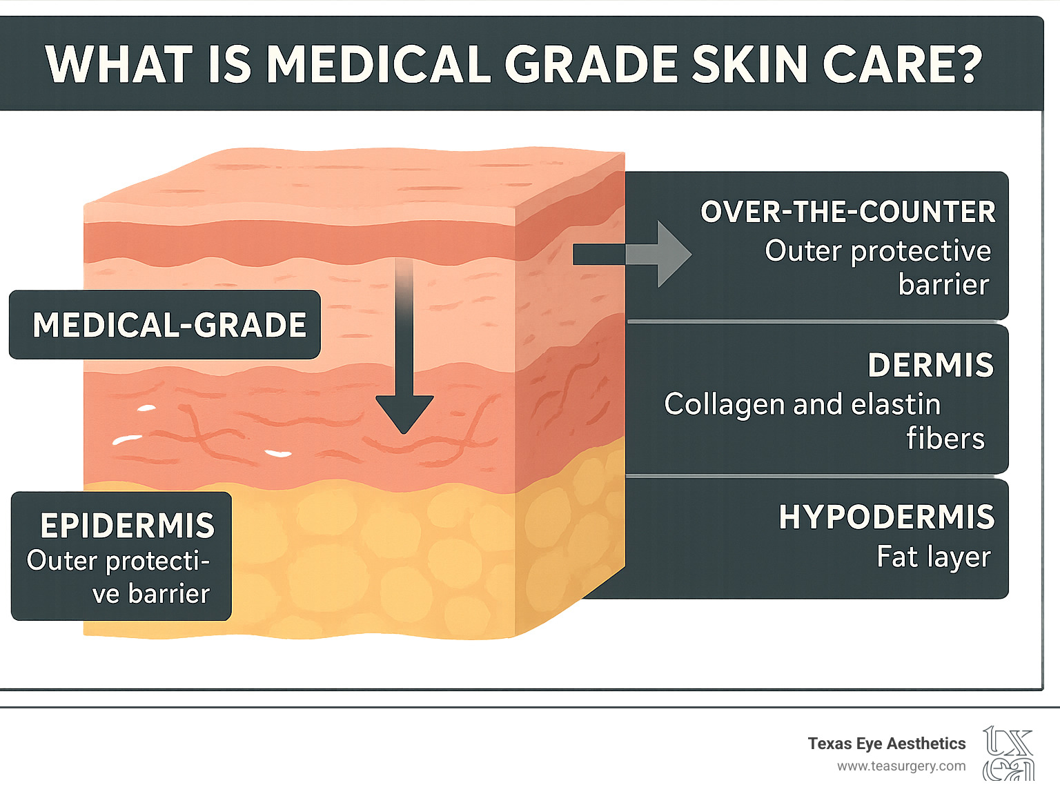 Infographic showing the three layers of skin - epidermis (outer protective barrier), dermis (contains collagen and elastin fibers), and hypodermis (fat layer) - with arrows indicating how medical-grade products penetrate deeper than over-the-counter products which only affect the surface epidermis - what is medical grade skin care infographic 