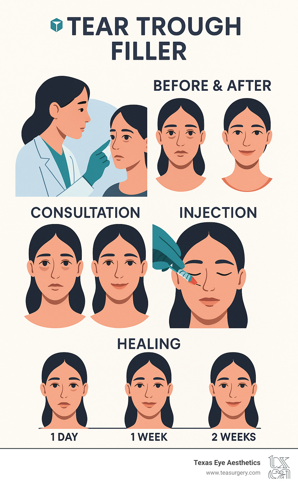 Comprehensive infographic showing tear trough filler process from consultation through results, including before and after comparison, injection technique, and timeline of healing - tear trough filler infographic 