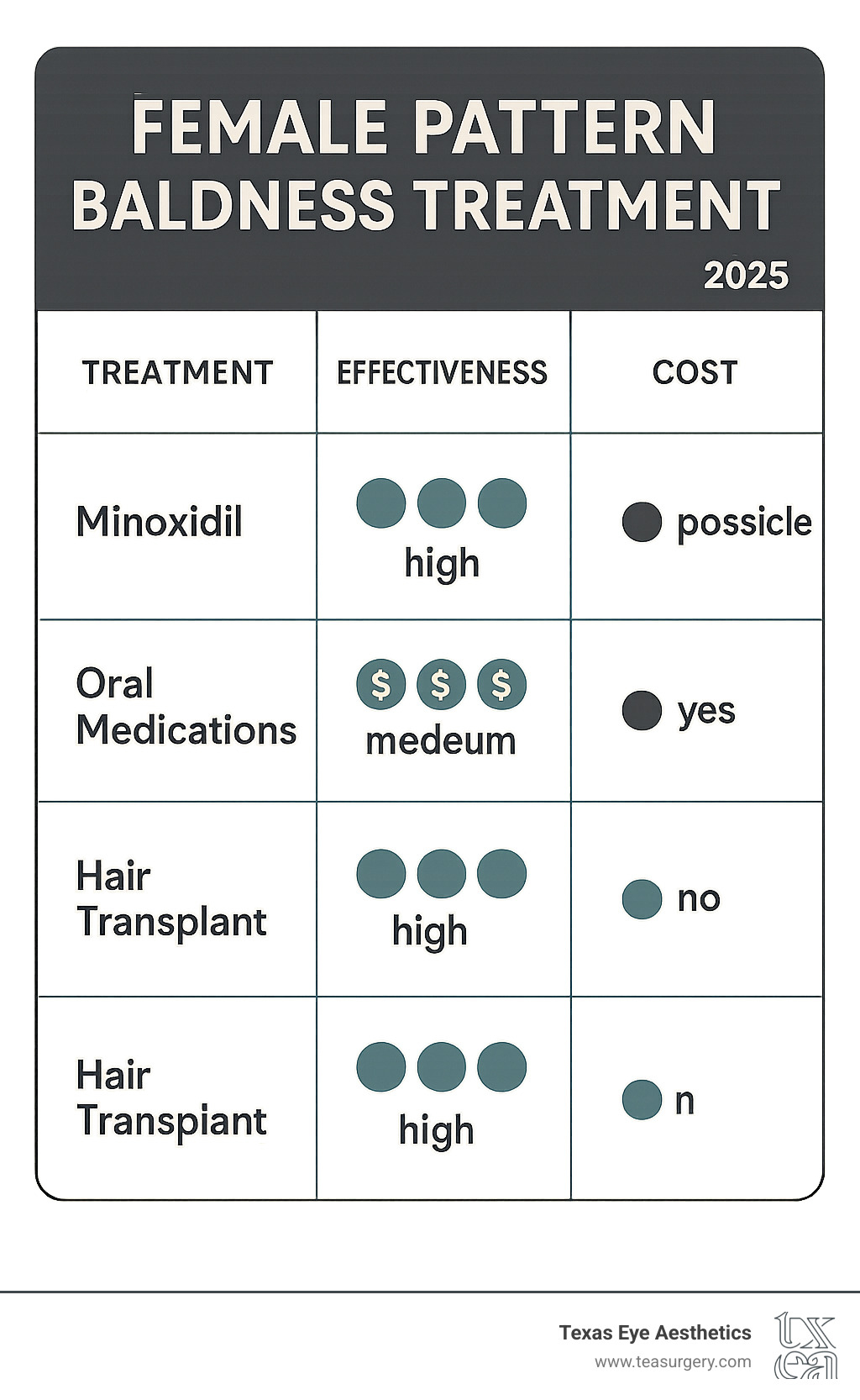 infographic table comparing effectiveness, cost, and side effects of key treatments - female pattern baldness treatment infographic 
