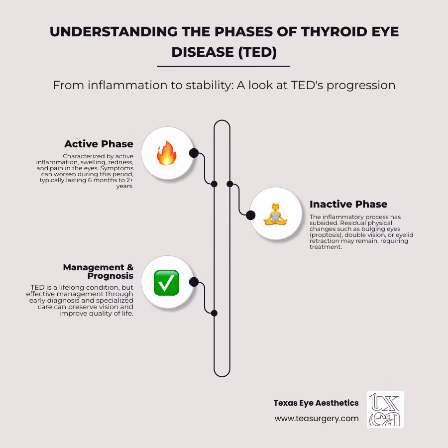 Infographic showing the two phases of Thyroid Eye Disease: Active phase with inflammation, swelling, redness, pain, and worsening symptoms lasting 6 months to 2+ years; Inactive phase with stabilized inflammation, potential permanent changes like bulging eyes, double vision, and eyelid retraction - ted eye disease infographic infographic-line-3-steps-elegant_beige