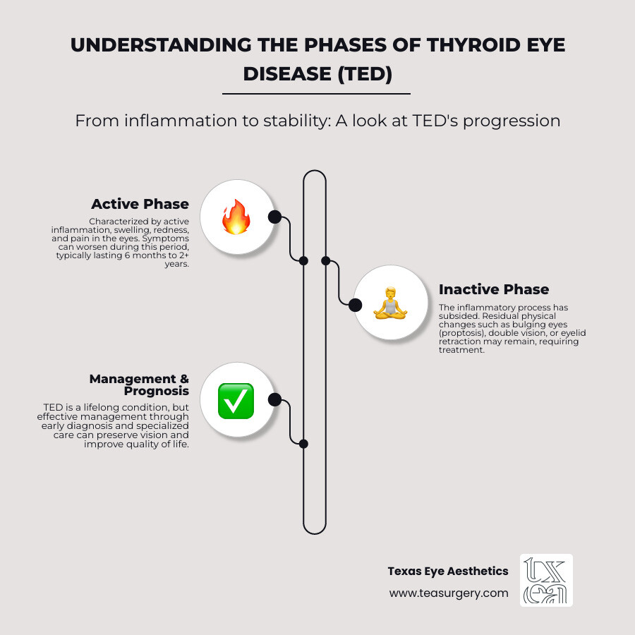 Infographic showing the two phases of Thyroid Eye Disease: Active phase with inflammation, swelling, redness, pain, and worsening symptoms lasting 6 months to 2+ years; Inactive phase with stabilized inflammation, potential permanent changes like bulging eyes, double vision, and eyelid retraction - ted eye disease infographic infographic-line-3-steps-elegant_beige