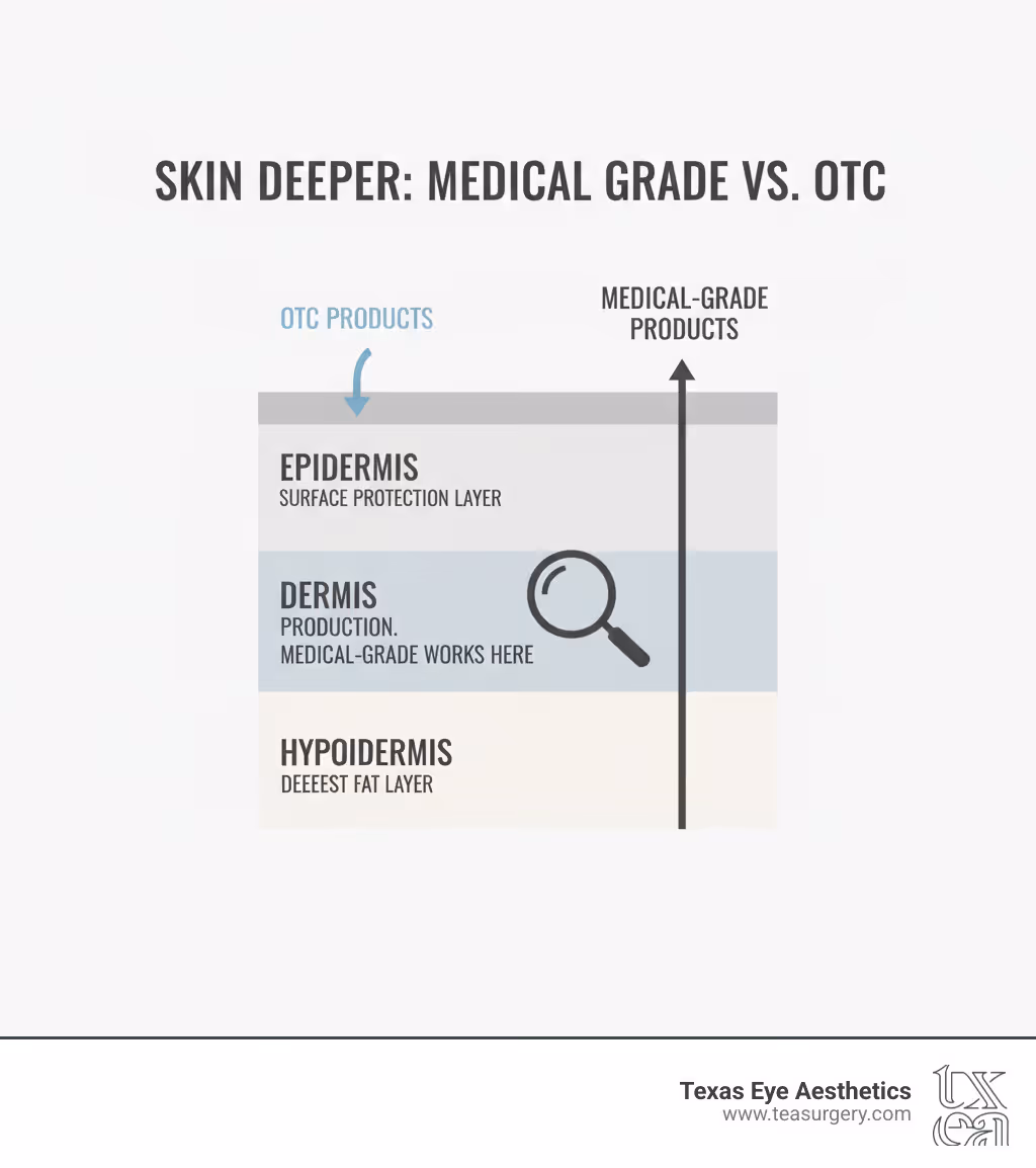 Infographic showing the three layers of skin - epidermis (surface protection layer), dermis (where collagen lives and medical-grade products work), and hypodermis (deepest fat layer) - with arrows indicating how medical-grade products penetrate deeper than OTC products which only work on the surface - why use medical grade skin care products infographic