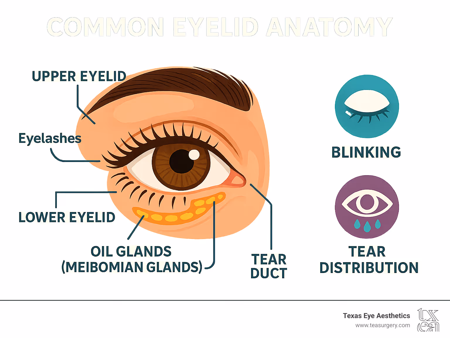 Common eyelid anatomy showing the upper and lower eyelids, eyelashes, tear ducts, oil glands (meibomian glands), and the protective functions of blinking and tear distribution - eyelid problems infographic