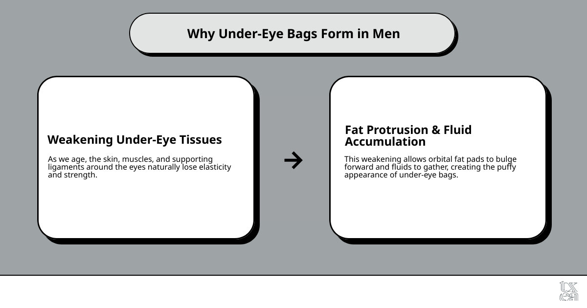 infographic showing cross-section of male eye anatomy with orbital fat pads, weakened septum, and muscle structure that contributes to under-eye bag formation - getting rid of bags under eyes male infographic cause_effect_text