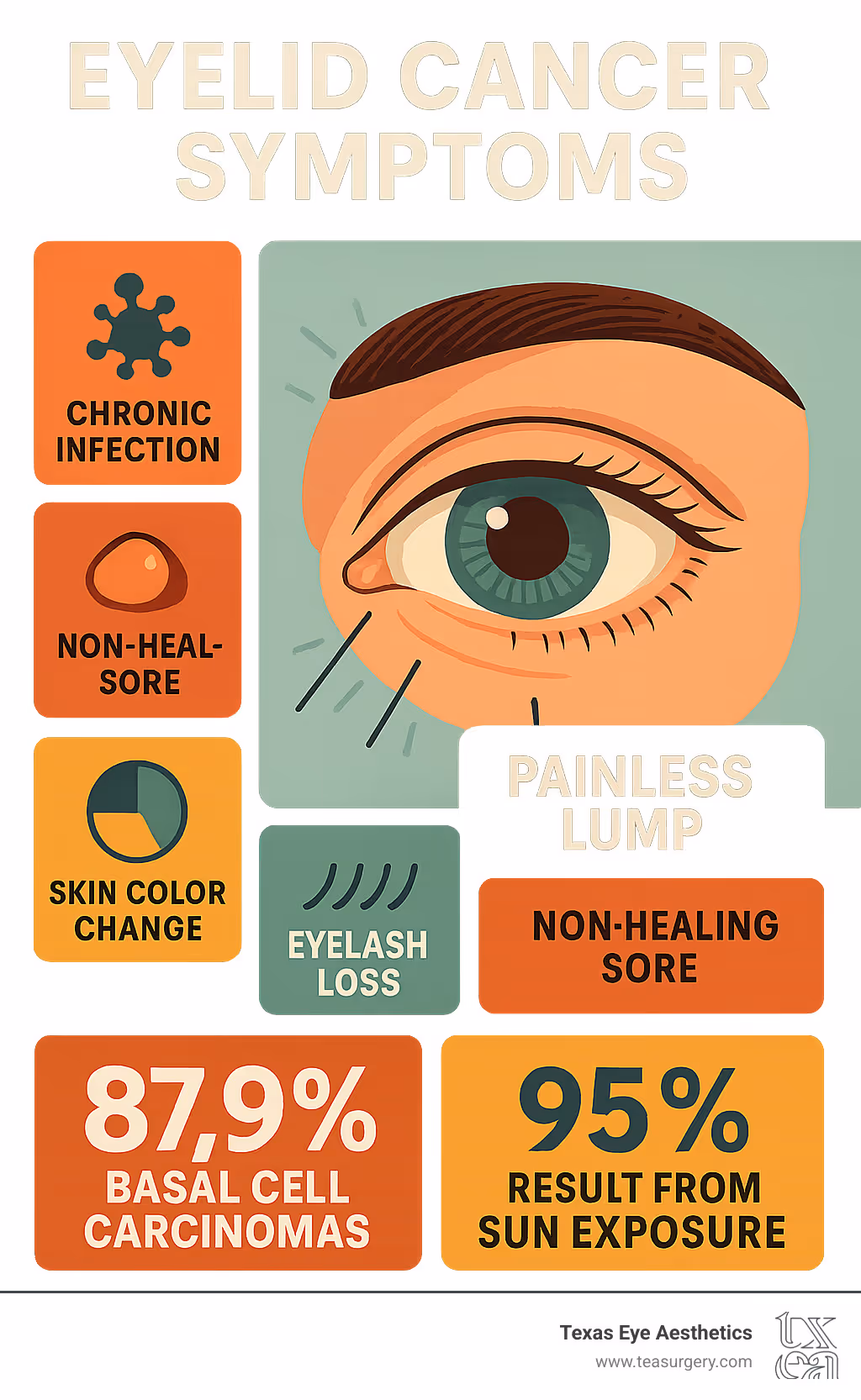 Infographic showing common eyelid cancer symptoms including painless lumps, non-healing sores, eyelash loss, bleeding or crusting, skin color changes, and chronic infections, with statistics showing 87.9% are basal cell carcinomas and 95% result from sun exposure - does skin cancer on eyelid hurt infographic