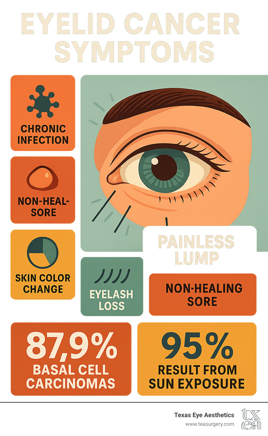 Infographic showing common eyelid cancer symptoms including painless lumps, non-healing sores, eyelash loss, bleeding or crusting, skin color changes, and chronic infections, with statistics showing 87.9% are basal cell carcinomas and 95% result from sun exposure - does skin cancer on eyelid hurt infographic Infographic showing common eyelid cancer symptoms including painless lumps, non-healing sores, eyelash loss, bleeding or crusting, skin color changes, and chronic infections, with statistics showing 87.9% are basal cell carcinomas and 95% result from sun exposure - does skin cancer on eyelid hurt infographic