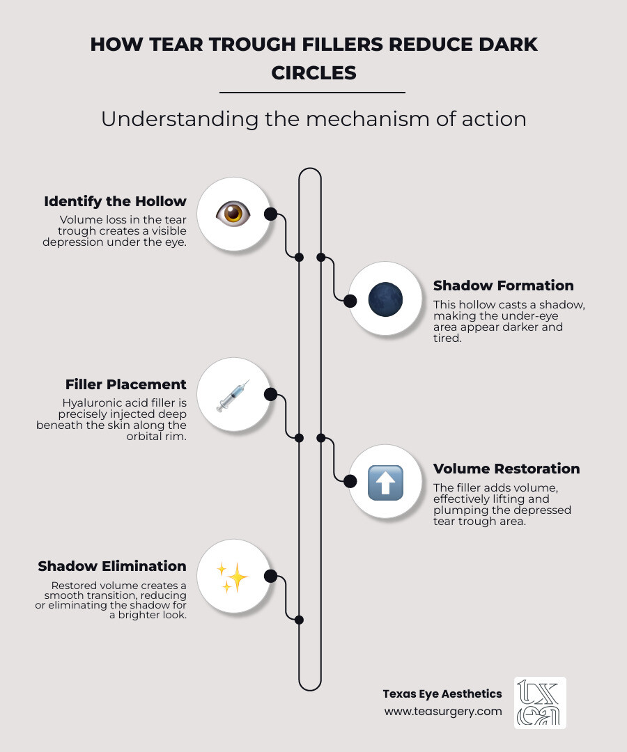 infographic showing cross-section of under-eye area with tear trough hollow casting a shadow, and how filler placed deep under the skin lifts the hollow to eliminate the shadow, with labels for skin, orbital rim, tear trough ligament, and filler placement - does tear trough filler get rid of dark circles infographic infographic-line-5-steps-elegant_beige
