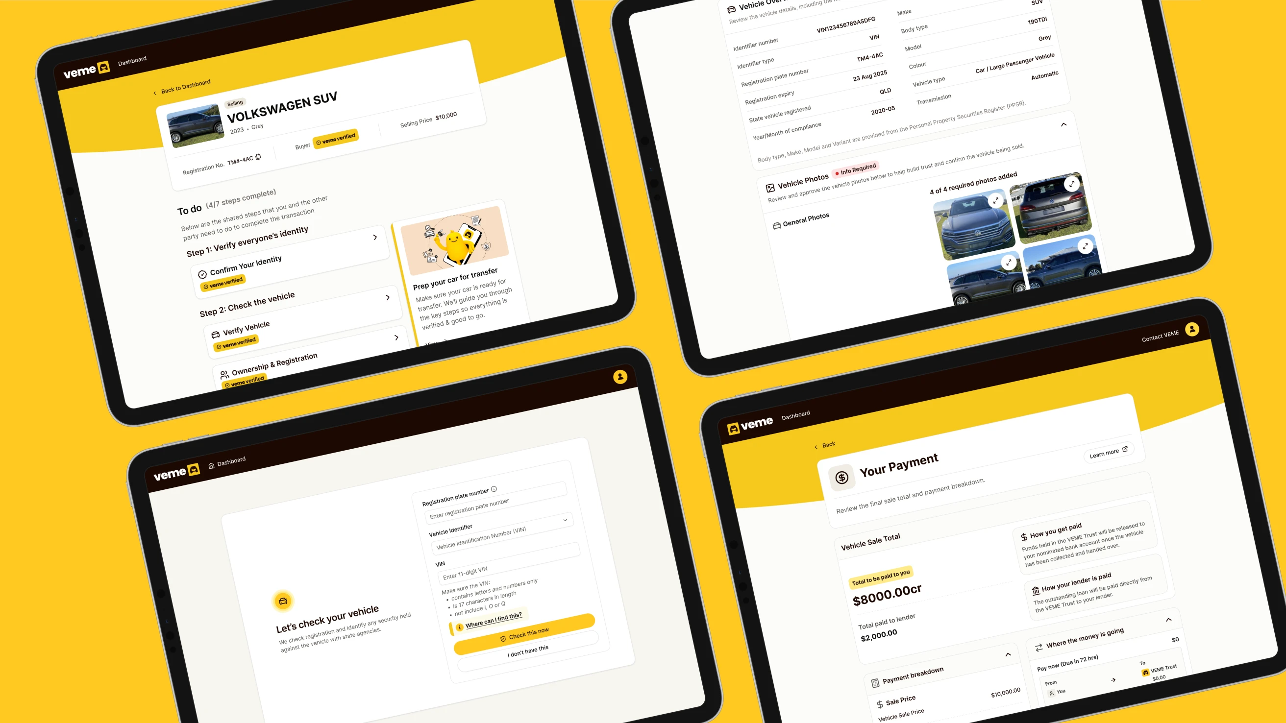Four tablet screens showing a vehicle sale and transfer platform interface with a Volkswagen SUV listing, verification steps, vehicle check form, vehicle photos, and payment details.