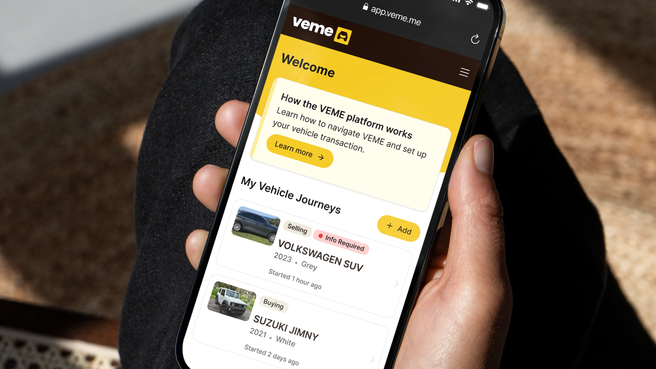 Smartphone screen displaying Veme app with vehicle journeys for selling a grey 2023 Volkswagen SUV and buying a white 2021 Suzuki Jimny.