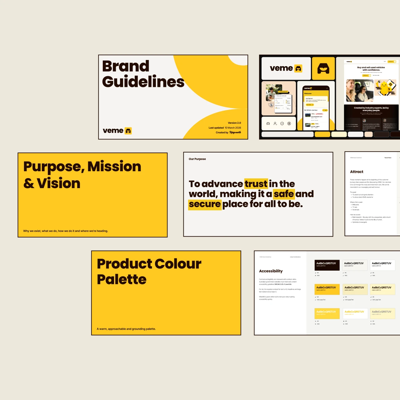 Brand guidelines slides showing Veme's purpose to advance trust making the world safe and secure, their product color palette, and accessibility standards with bold yellow and black text.