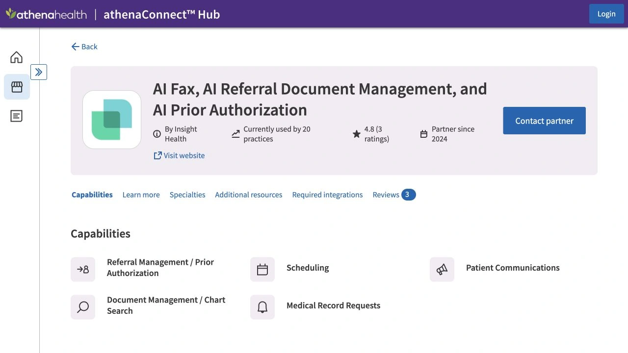 Insight Health's athenahealth Marketplace listing for AI Fax, AI Referral Document Management, and AI Prior Authorization.