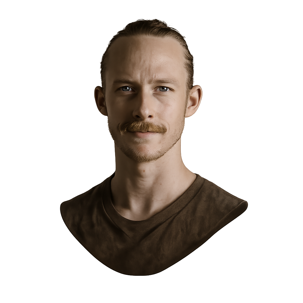 A picture of a 30-something white male, almost disturbingly attractive, with a moustache and a bic-pen drawing of a line of peccaries in the Chaco brush by an Indigenous Nivacle artist of Paraguay.