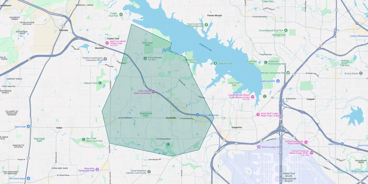 Map of Dallas showing our coverage area around the DFW metroplex