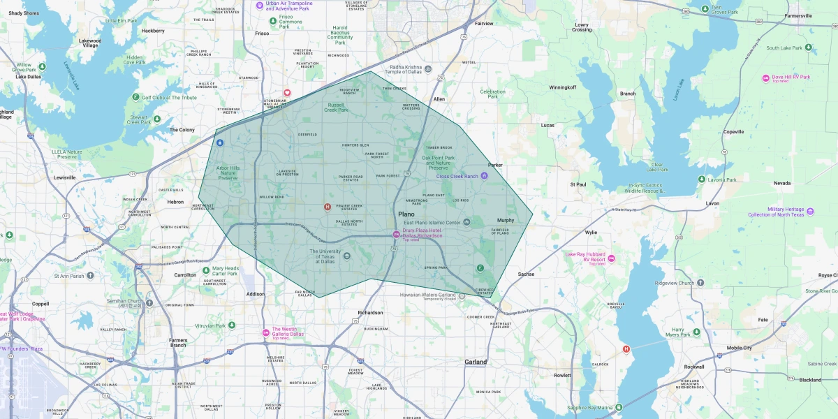 Map of Dallas showing our coverage area around the DFW metroplex