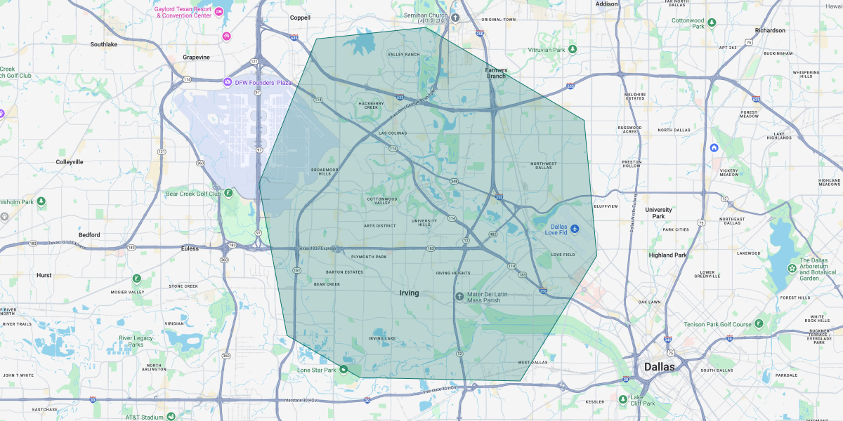 Map of Dallas showing our coverage area around the DFW metroplex