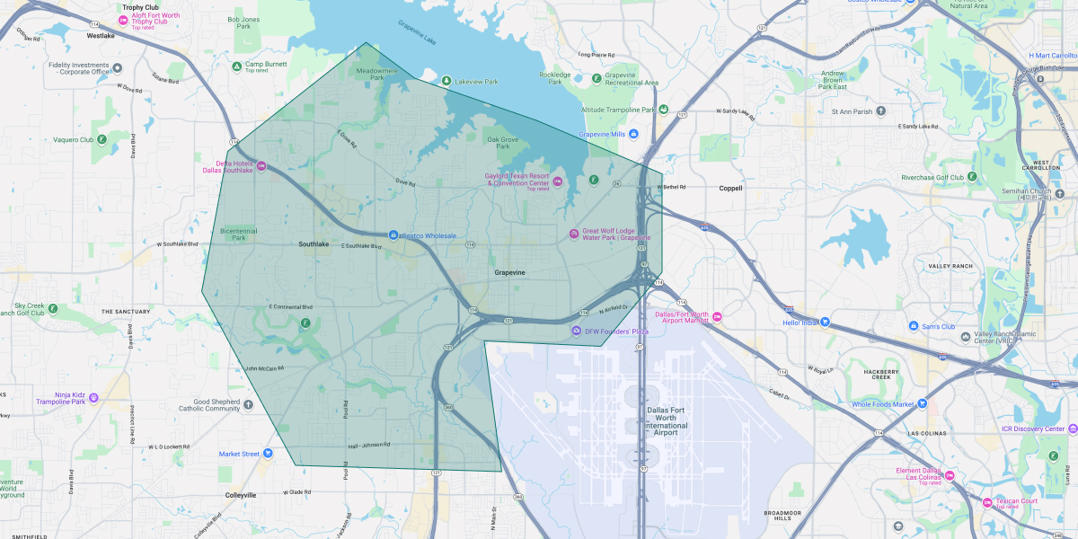 Map of Dallas showing our coverage area around the DFW metroplex