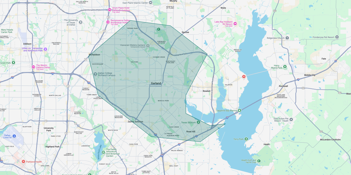 Map of Dallas showing our coverage area around the DFW metroplex