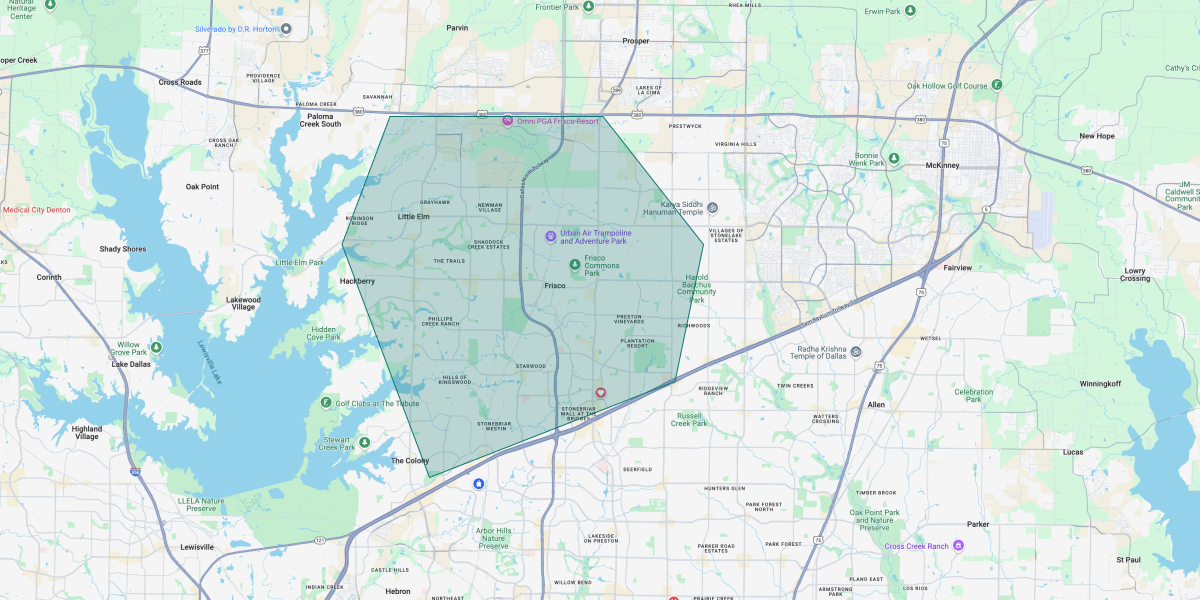 Map of Dallas showing our coverage area around the DFW metroplex